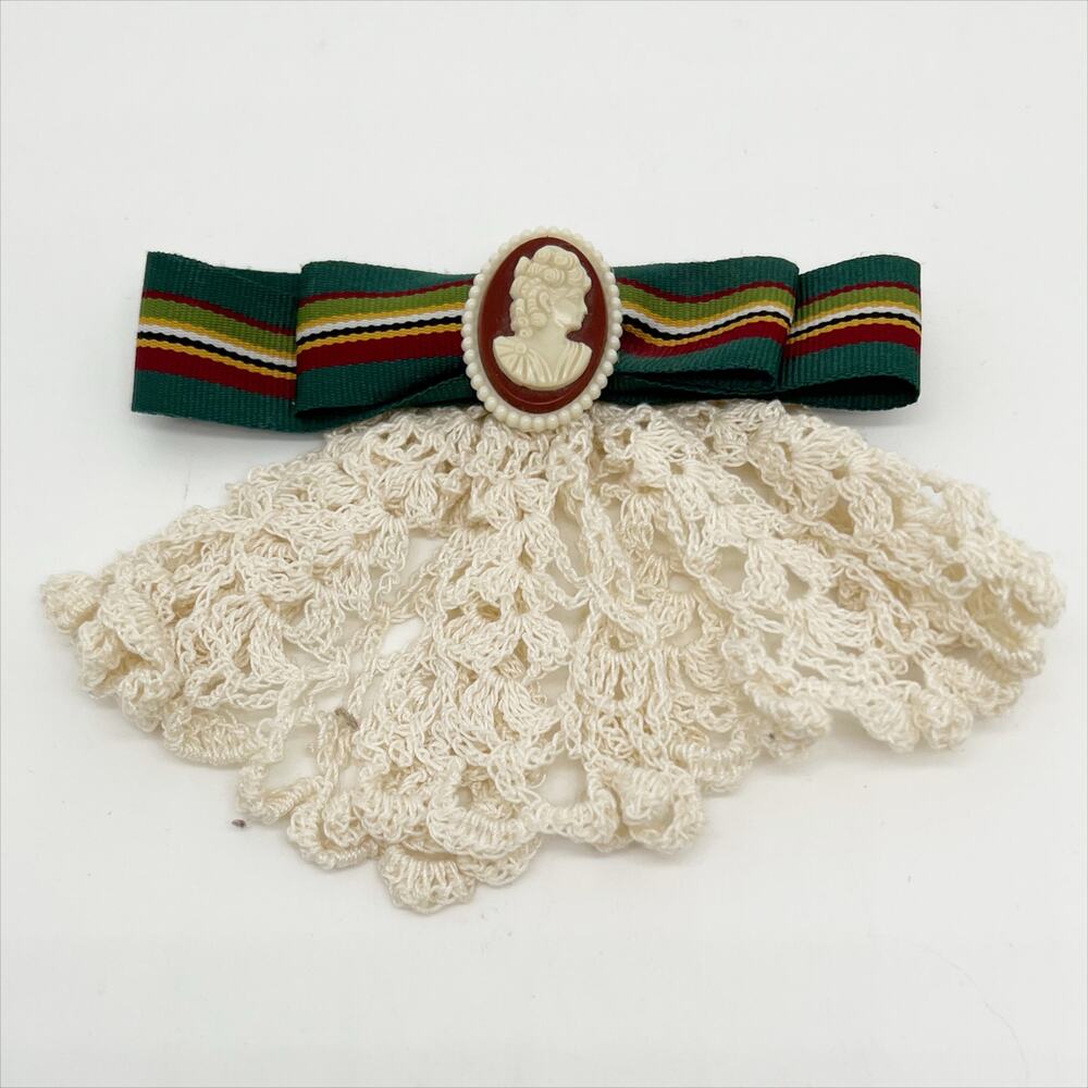 Vintage Handmade Cameo Face, Striped Ribbon and Doily Pin Brooch